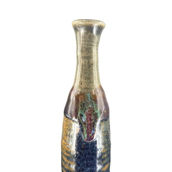Hand Made Primitive Style Pottery Bottle Vase Artist Signed Drip Glaze Brutalist - Picture 10 of 16